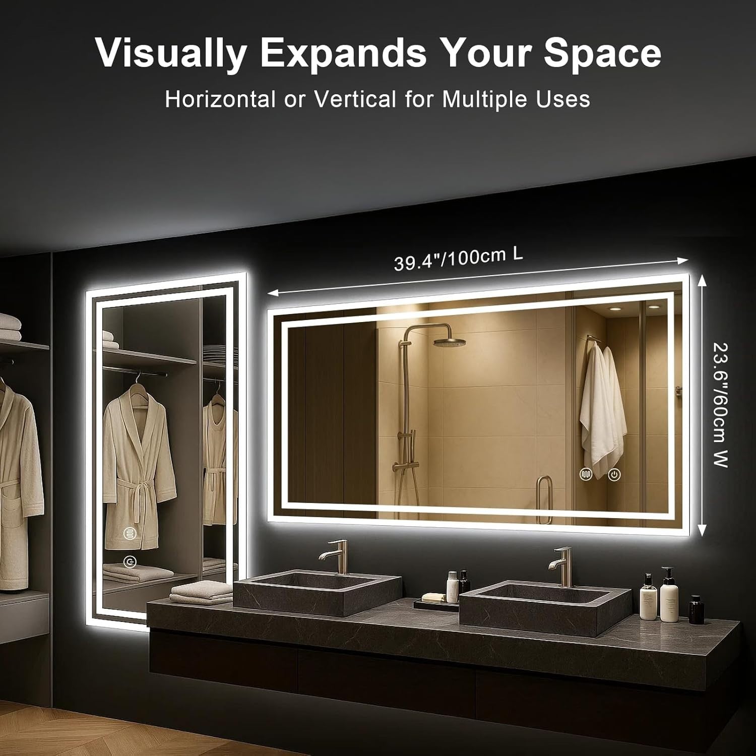 LED Bathroom Mirror 100x60cm Touch Sensor Anti-Fog IP54 Waterproof Wall Mount