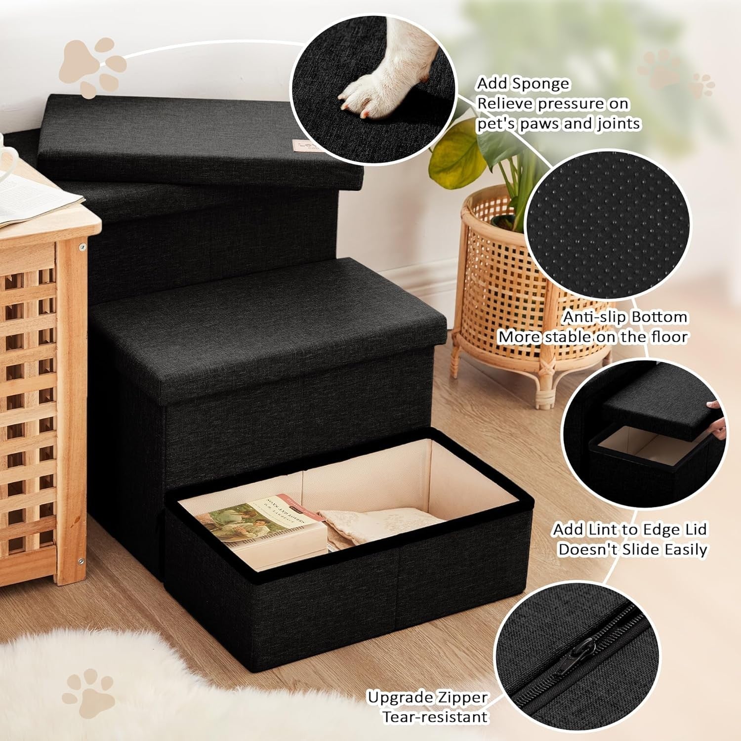 Dog Stairs 3 Step with Storage 18" High Foldable Pet Steps Black