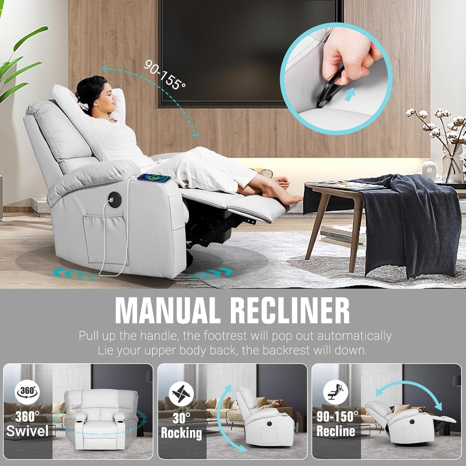 Rocking Recliner Chair Massage 360° Swivel USB Type-C Faux Leather Light Grey