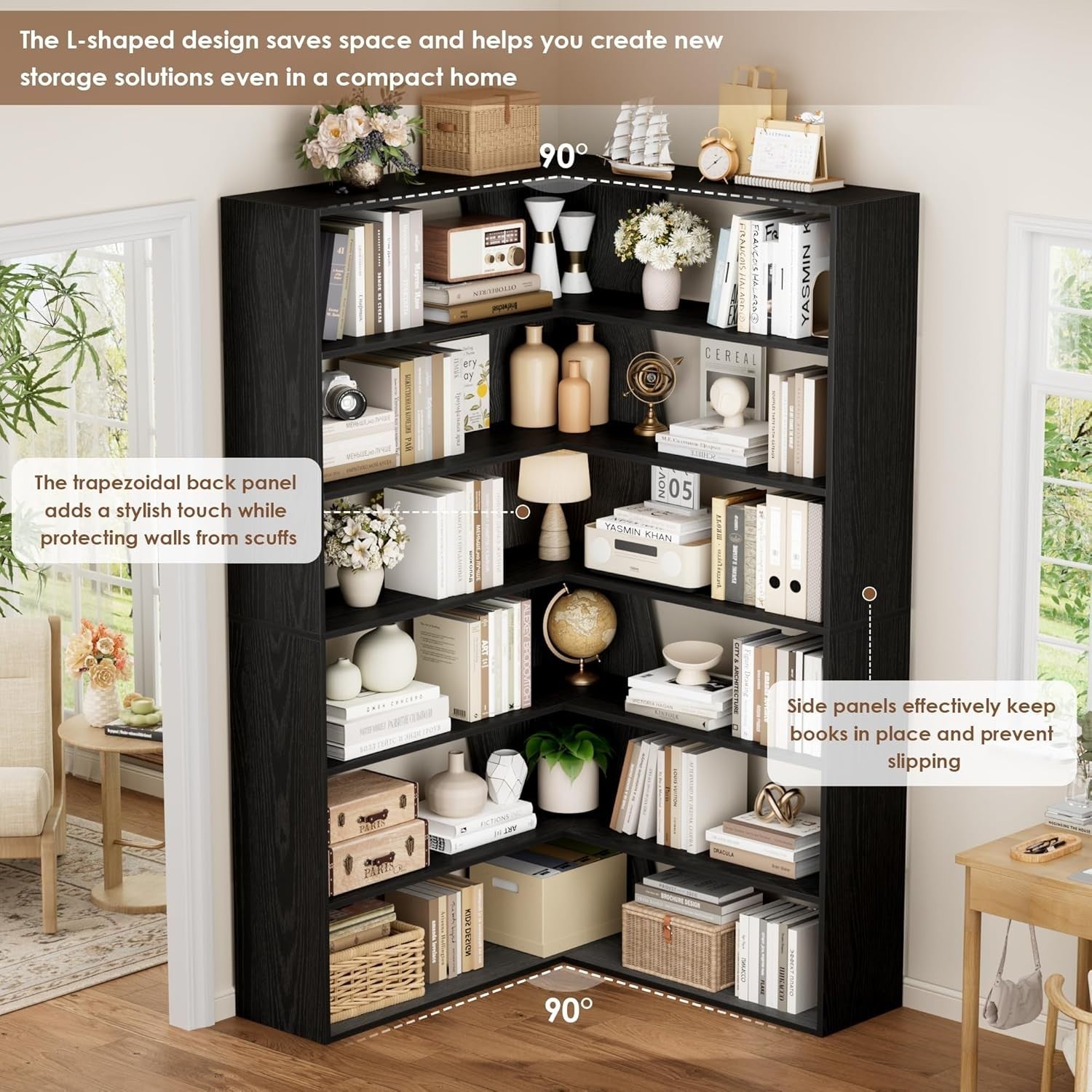 6 Tier White Corner Bookcase L-Shaped Tall Storage Shelf Modern 90x90x190 Black
