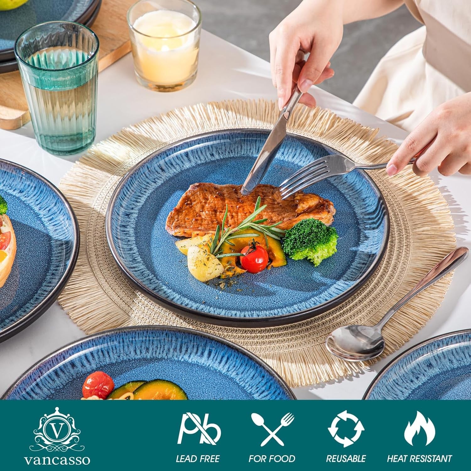 10.25in Blue Ceramic Dinner Plates Set of 6 Scratch Resistant Modern