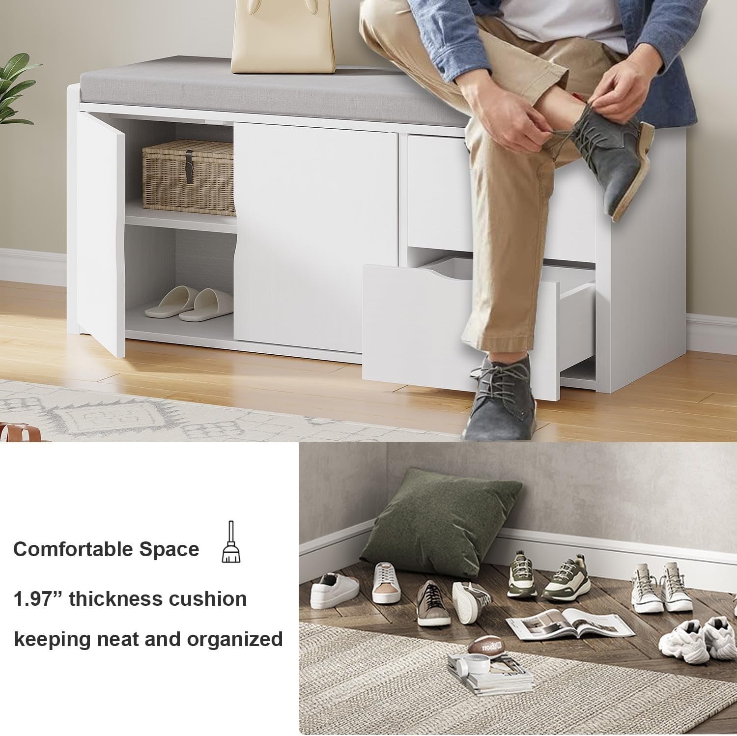 White Oak Shoe Storage Bench with Drawers & Cushion 2-Tier Hidden Rack 101x34x45