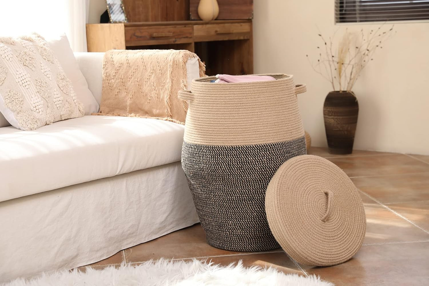 XL 26" Jute/Black Cotton Rope Laundry Basket with Lid Large Woven Storage Bin