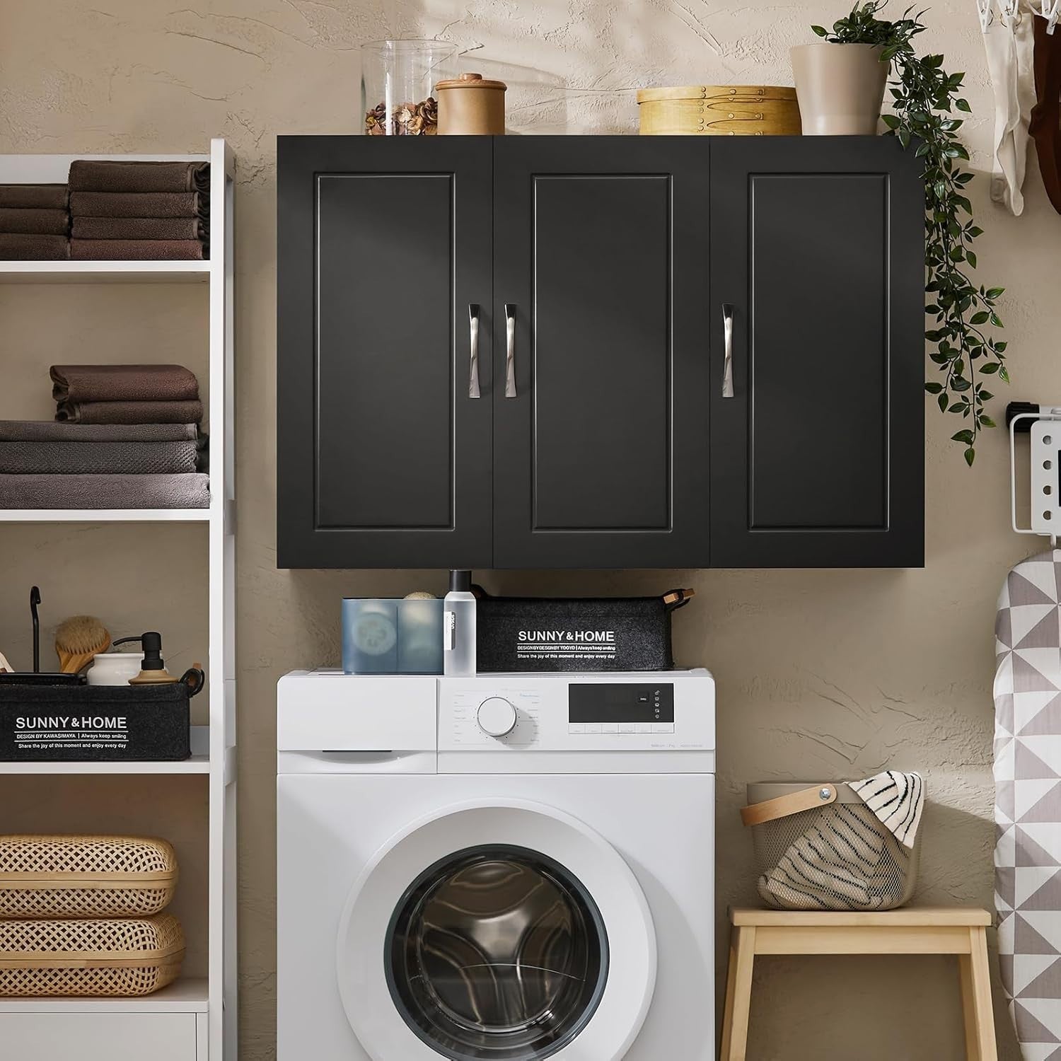 Wall Mounted Bathroom Cabinet with 3 Doors, Adjustable Shelves, Black