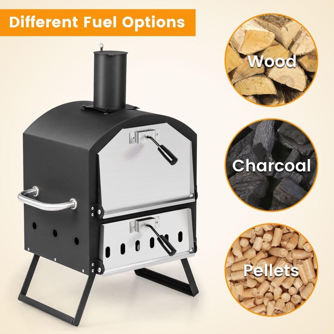 2-Tier Outdoor Wood Fired Pizza Oven BBQ Grill Cooker w Stone & Cover 54x31x72cm