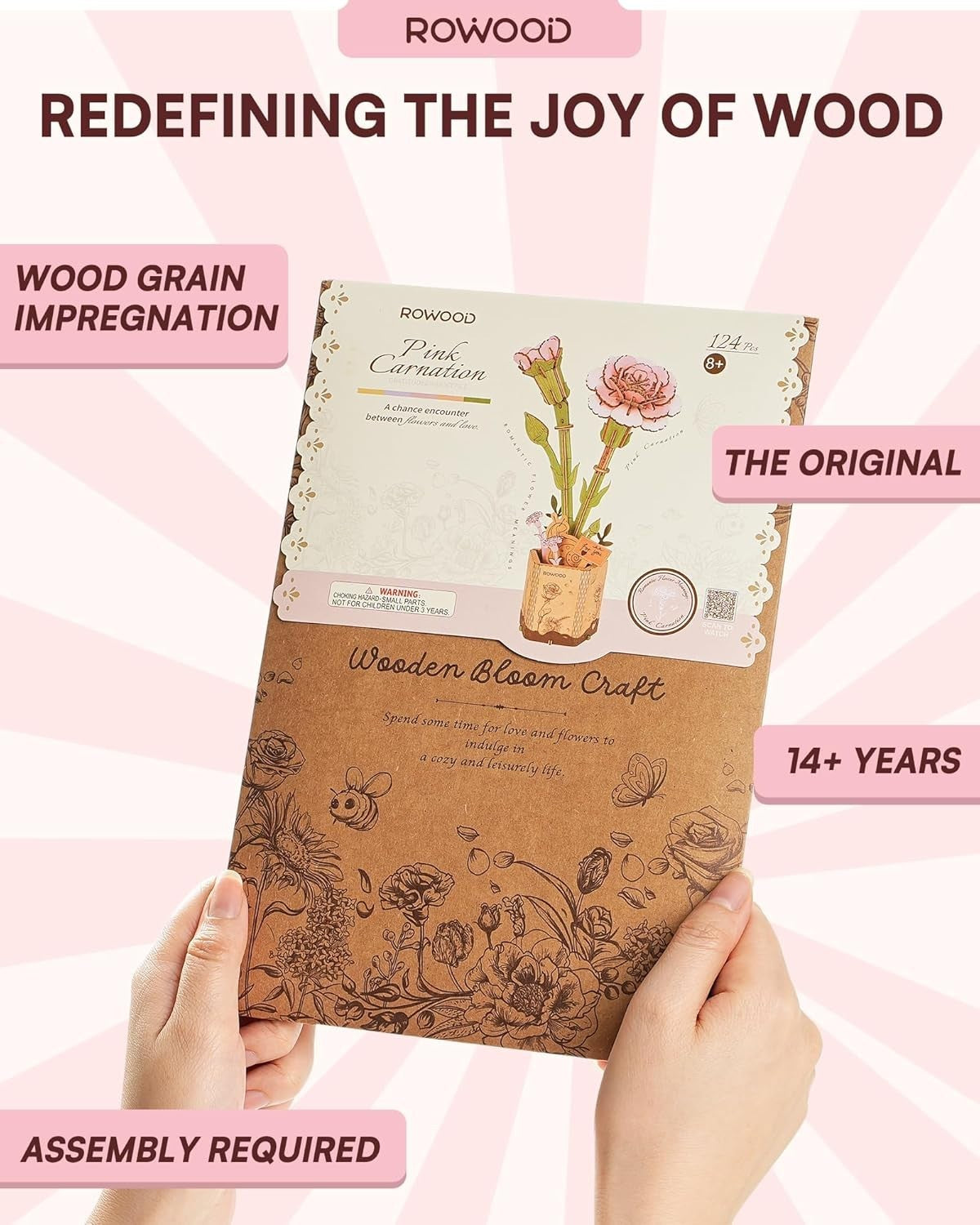 DIY 3D Wooden Pink Carnation Flower Puzzle Kit – Creative Gift & Decor