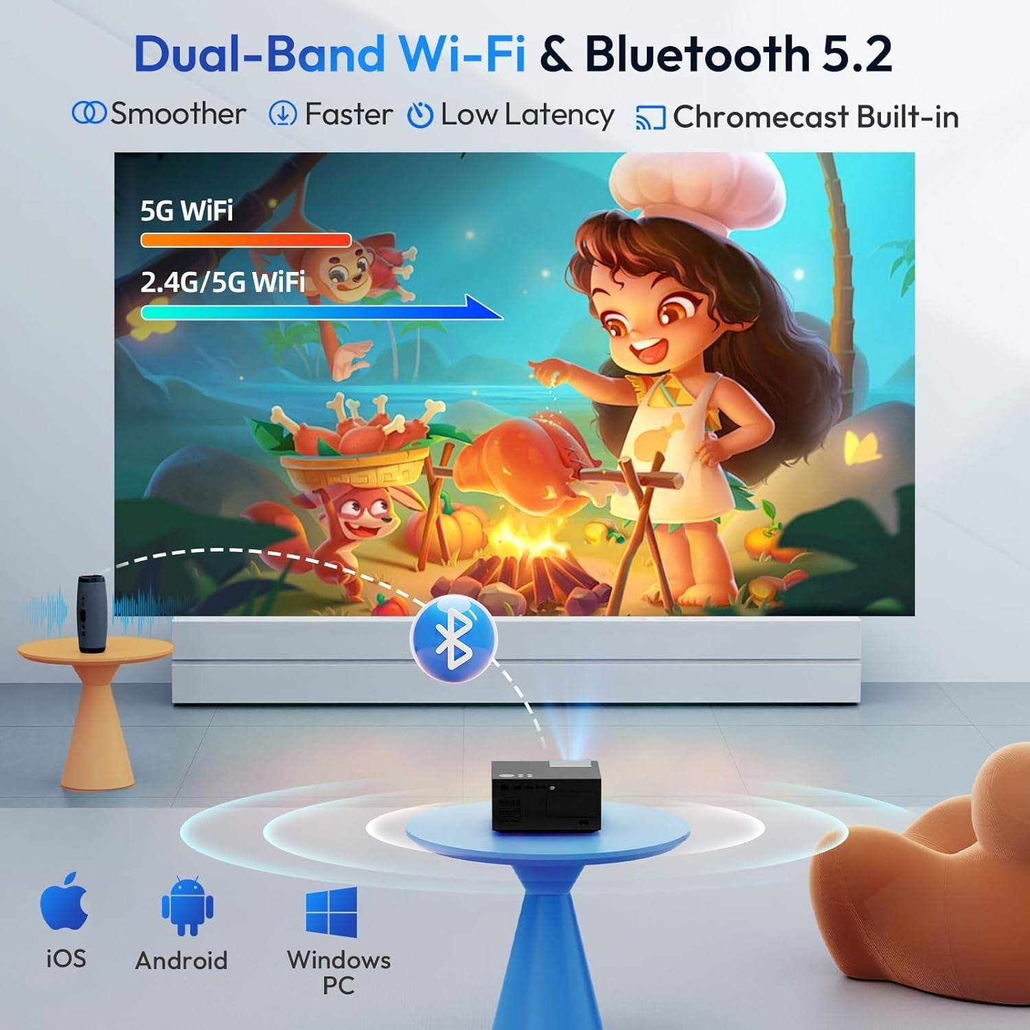 1080P Smart Projector 600 ANSI 4K Google TV WiFi Bluetooth