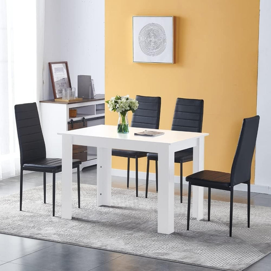 White Dining Table & 4 Black Leather Chairs Space-Saving Set for Small Spaces