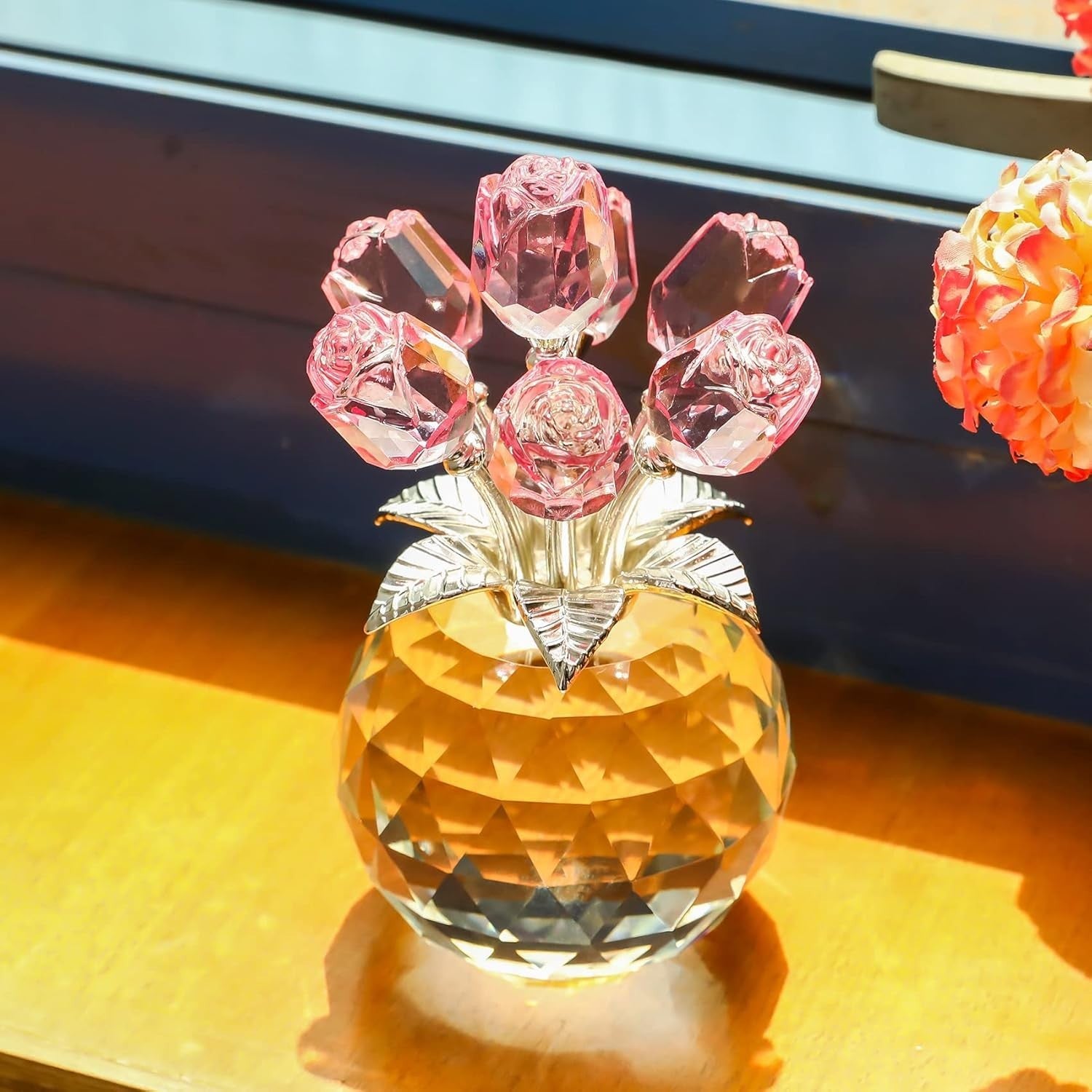 Pink Crystal Rose Bouquet Ornament in Round Vase Gift for Women Wife Birthday