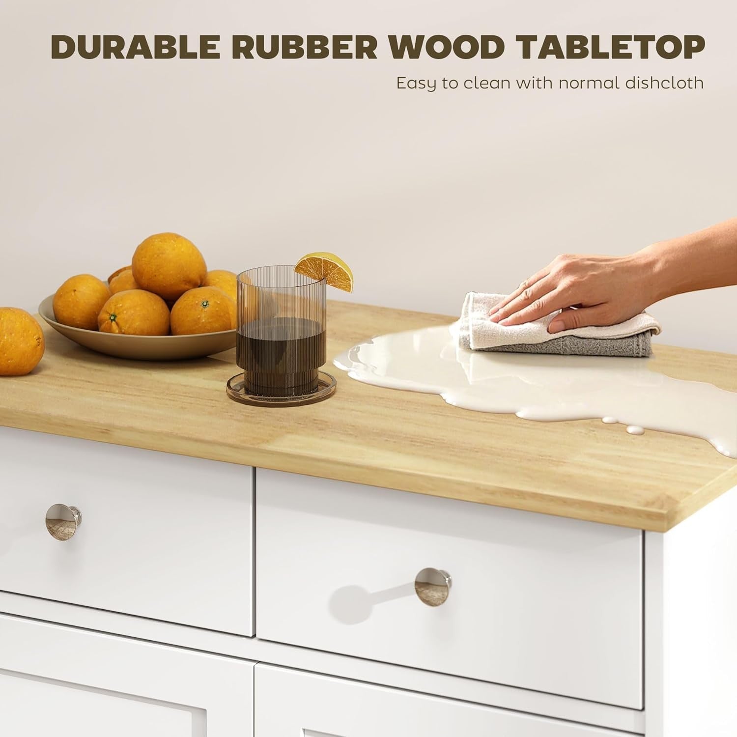 White Kitchen Sideboard Cabinet with Wood Top, Drawers & Adjustable Shelf