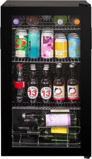 Under Counter Drinks Fridge Glass Door LED Beverage Cooler 93L 48 Can Black
