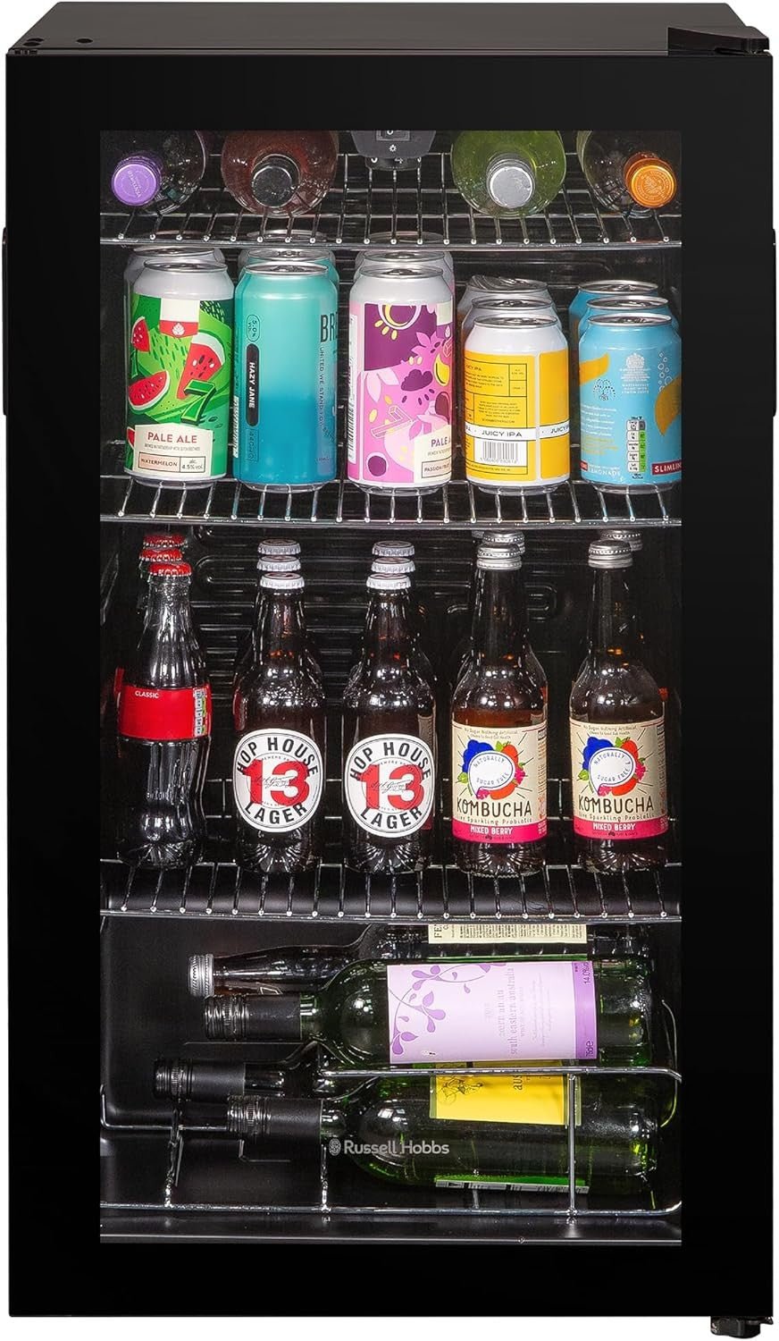 Under Counter Drinks Fridge Glass Door LED Beverage Cooler 93L 48 Can Black
