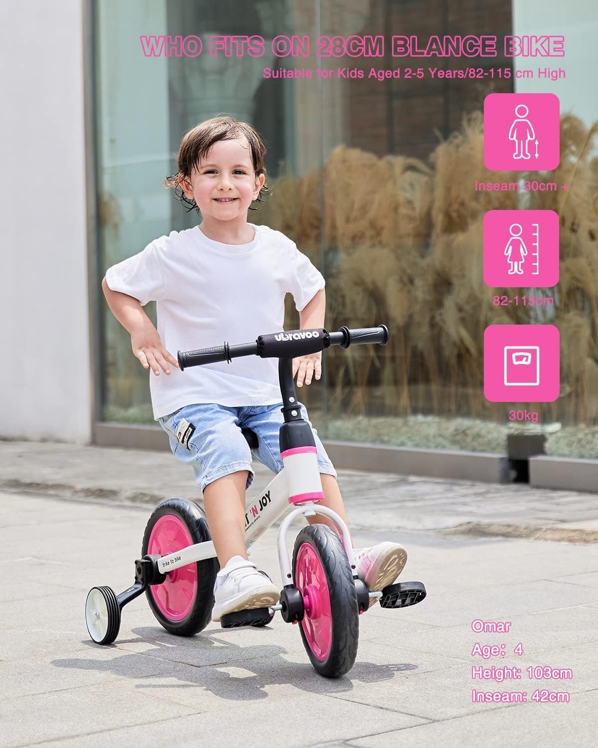 4 in 1 Kids Balance Bike Trike Pedal Bike Training Wheels Pink 2-5Y