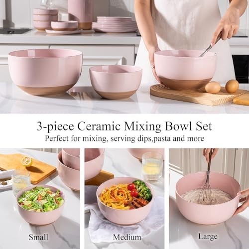 3-Piece Ceramic Mixing Bowls Set Nesting Microwave & Dishwasher Safe