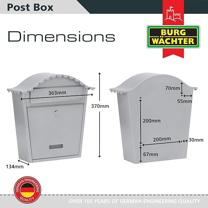 Secure Wall Mounted Lockable Post Box Silver Steel Weatherproof 36x37x13cm