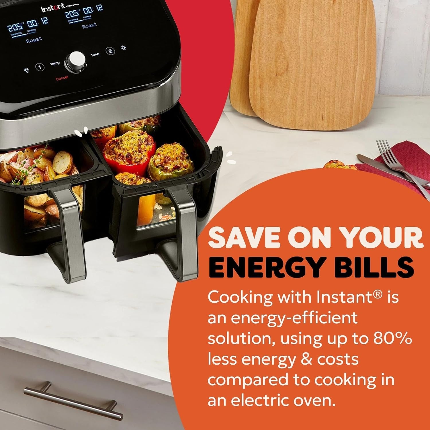 7.6L Dual Air Fryer Stainless Steel Twin Drawer 8-in-1 Grill Bake Roast Reheat