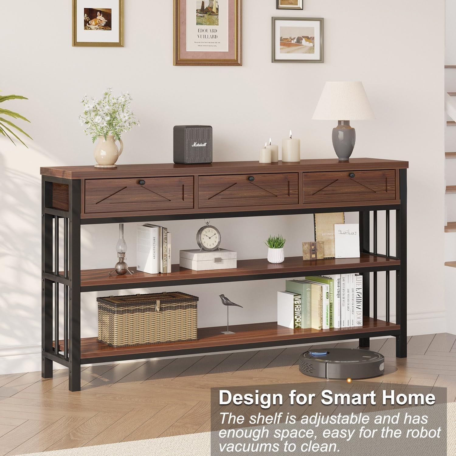 55" Rustic Walnut Sofa Table with Drawers & Shelves – Storage & Style