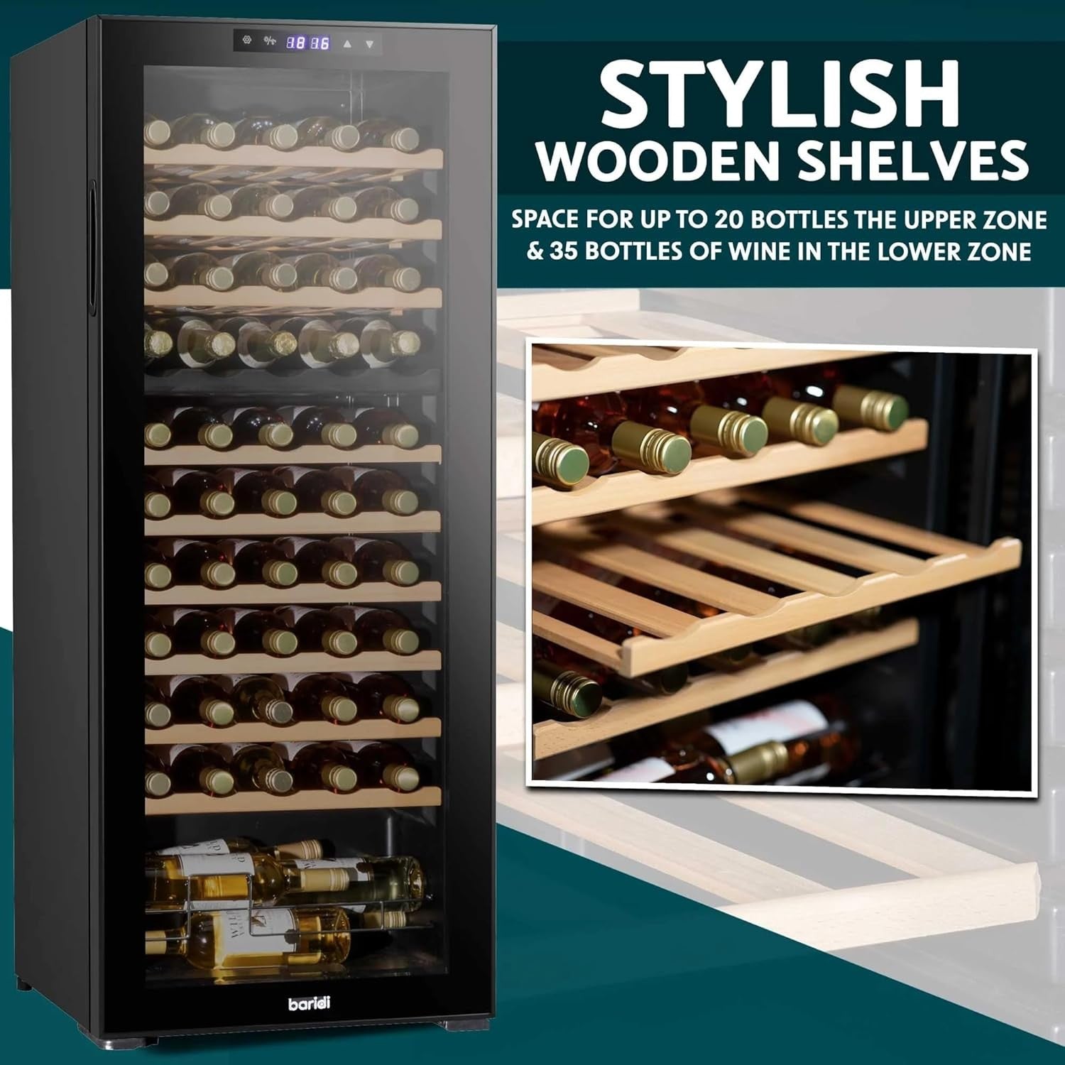 55 Bottle Dual Zone Wine Cooler Fridge Touch Screen LED Glass Door Black