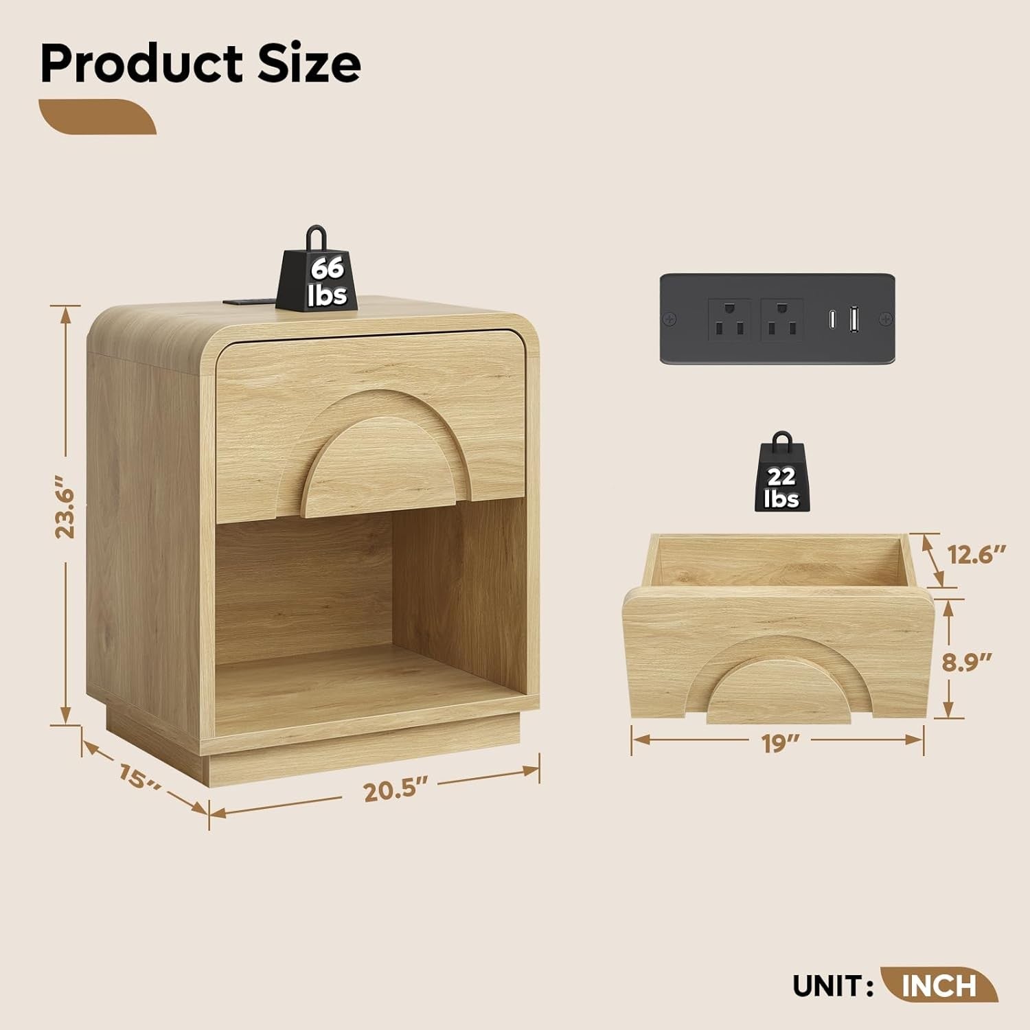 Modern Curved Bedside Table with Charging Station & Drawer Storage – Natural Woo