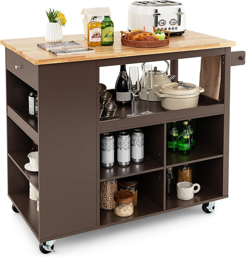 Mobile Kitchen Island Trolley with Wood Top, Drawer, Shelves & Wheels