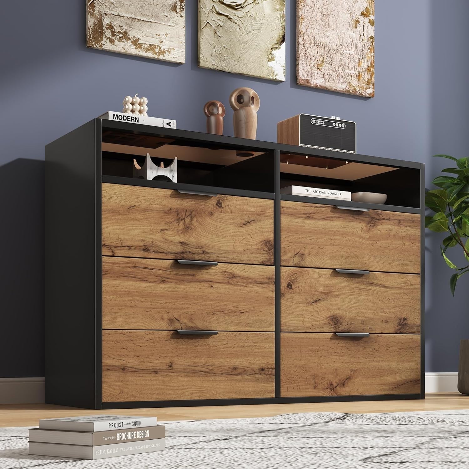 Oak 6 Drawer Chest with Amber Glass Top & 2 Open Shelves, Anti-Tip Storage