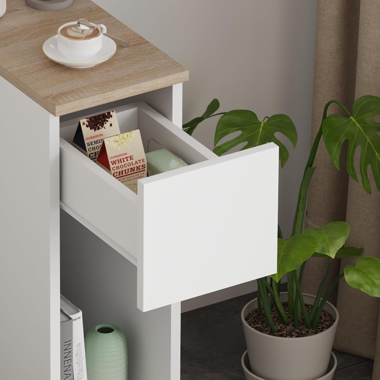 Slim White Bedside Table with Drawer & Shelf, Narrow Nightstand for Small Spaces