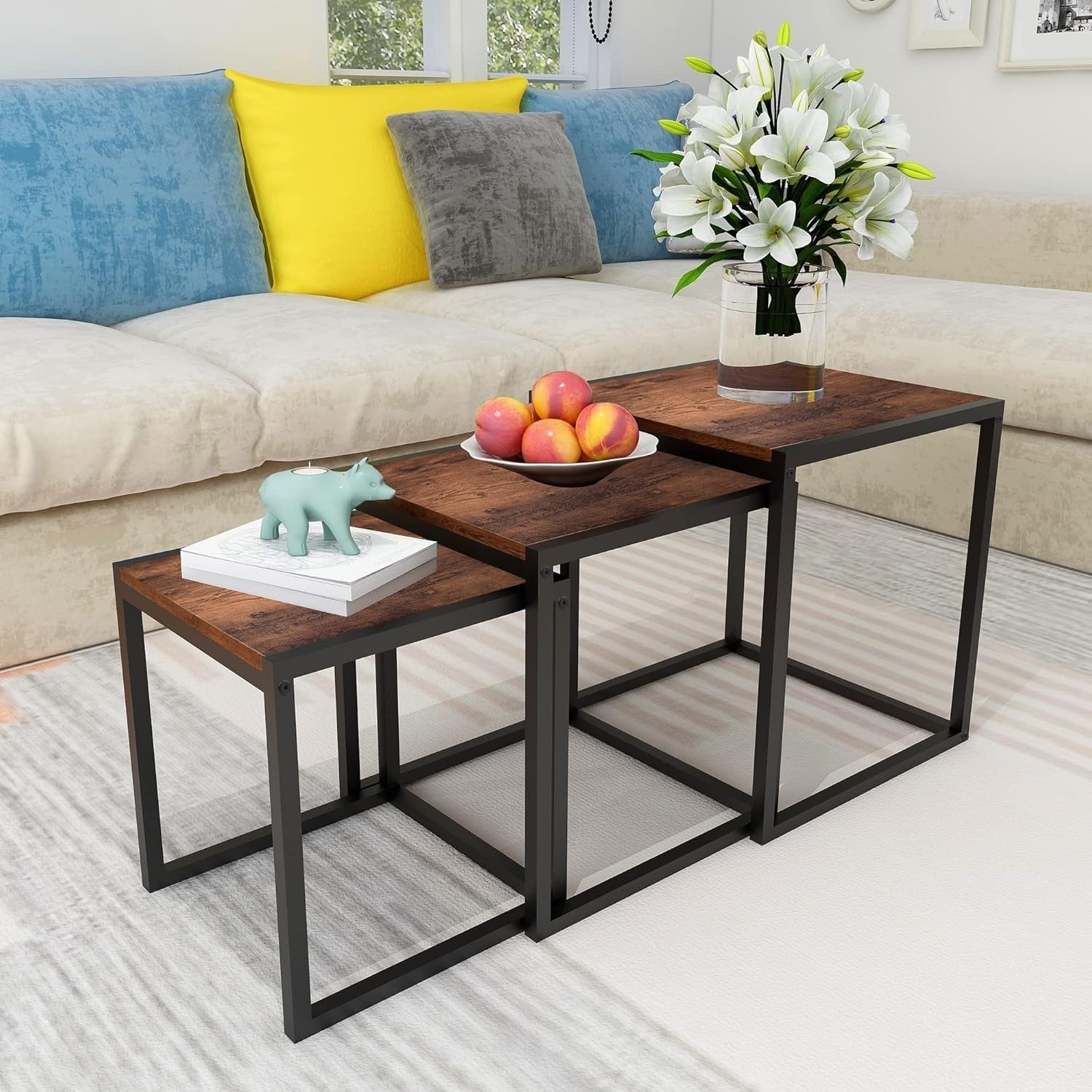 Space Saving Nesting Coffee Tables Set of 3 Metal Frame Brown Living Room