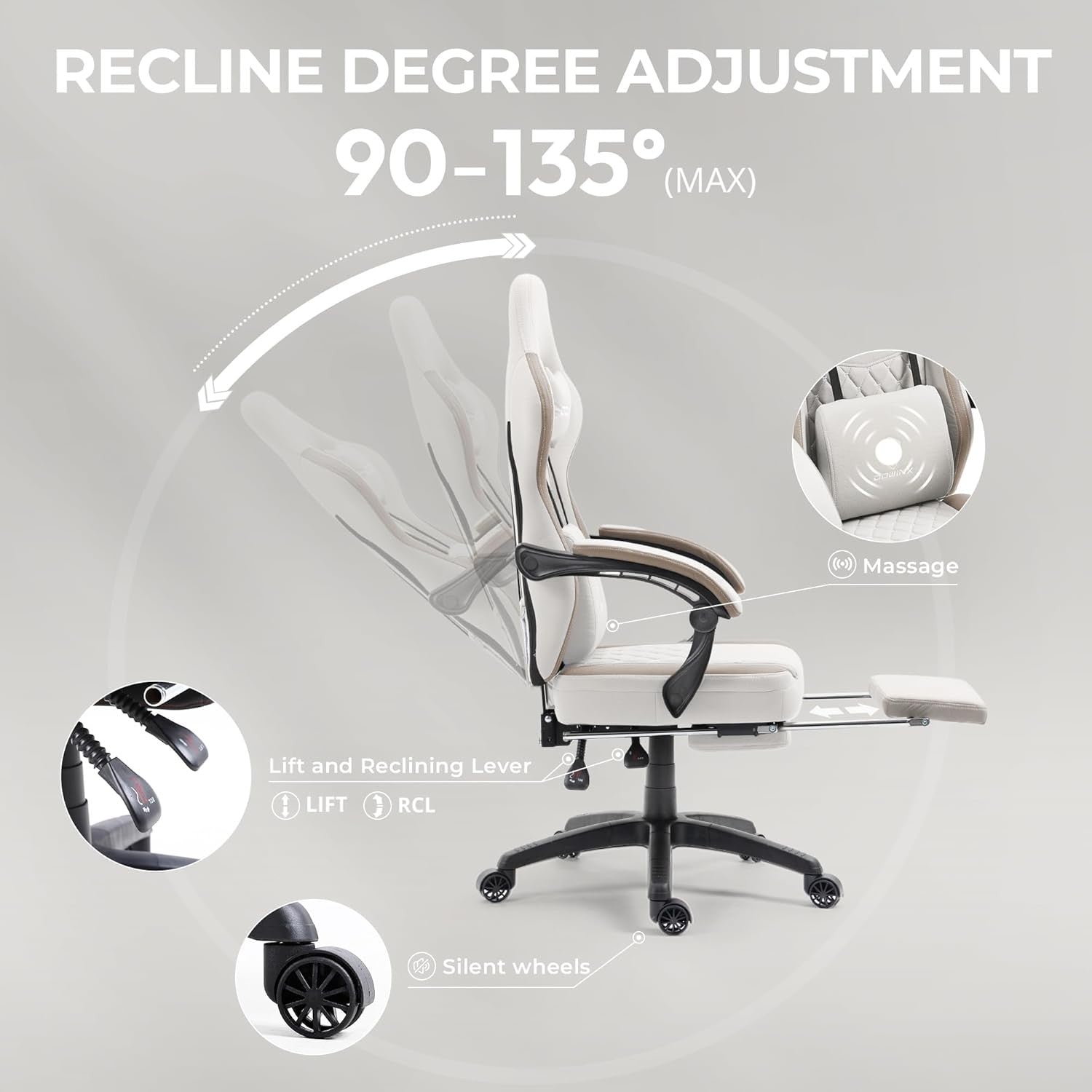 Massage Gaming Chair Fabric Recliner w/ Footrest 150kg Pocket Spring