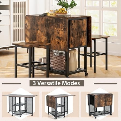 Folding Drop Leaf Dining Table Set with Stools Storage Shelves on Wheels