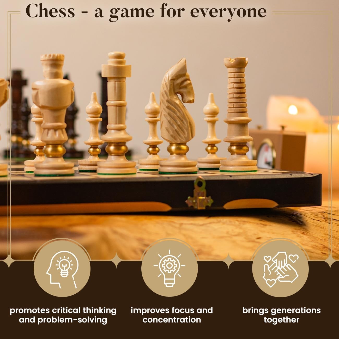 Luxury 65cm Wooden Chess Set • Hand-Carved Pieces • Foldable Board • Deluxe Gift