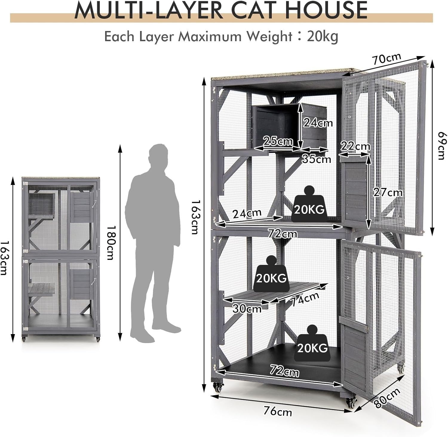 Large Outdoor Cat House with Platforms, Resting Box & Waterproof Roof