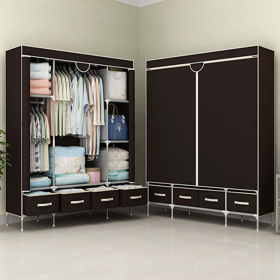 Large Canvas Wardrobe with Drawers Hanging Rail Shelves Dustproof 150cm