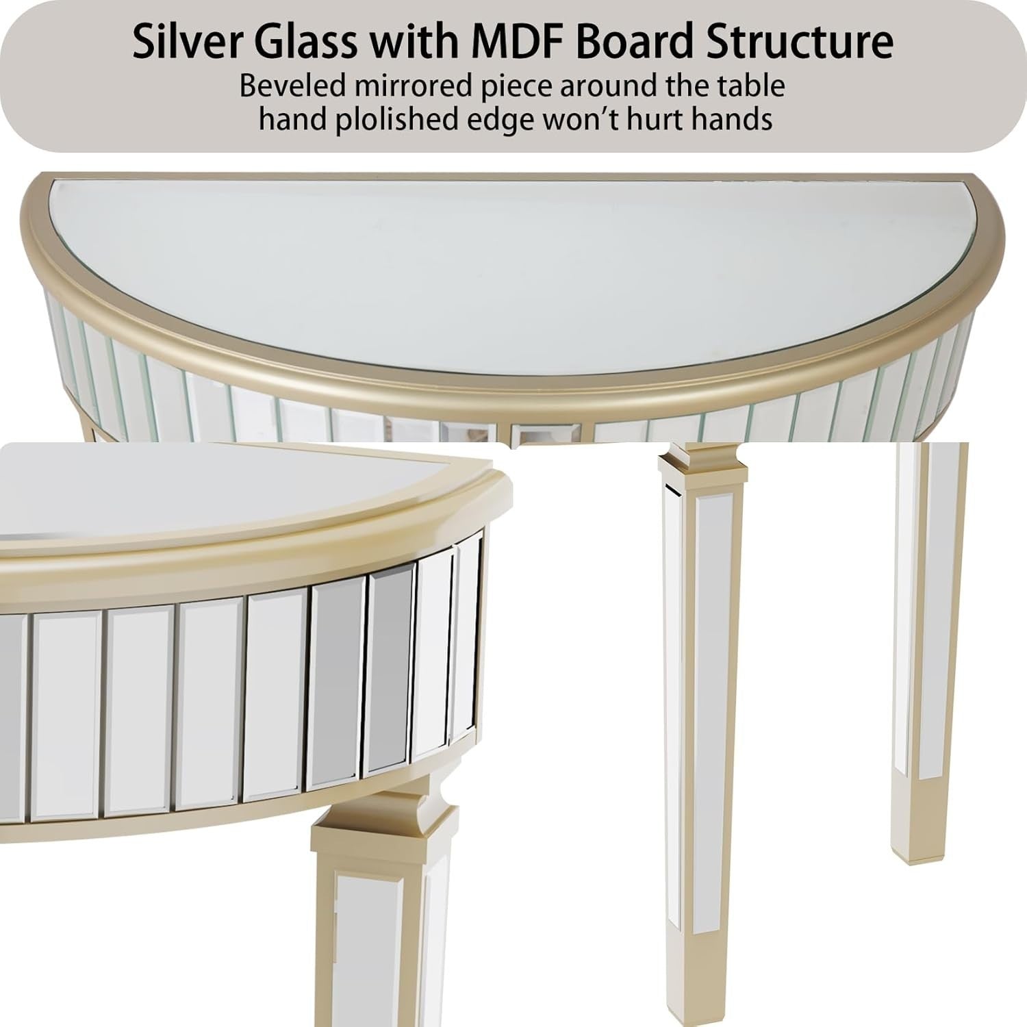 Elegant Mirrored Half Moon Console Table 90x35x80.5cm - Chic Hallway Decor