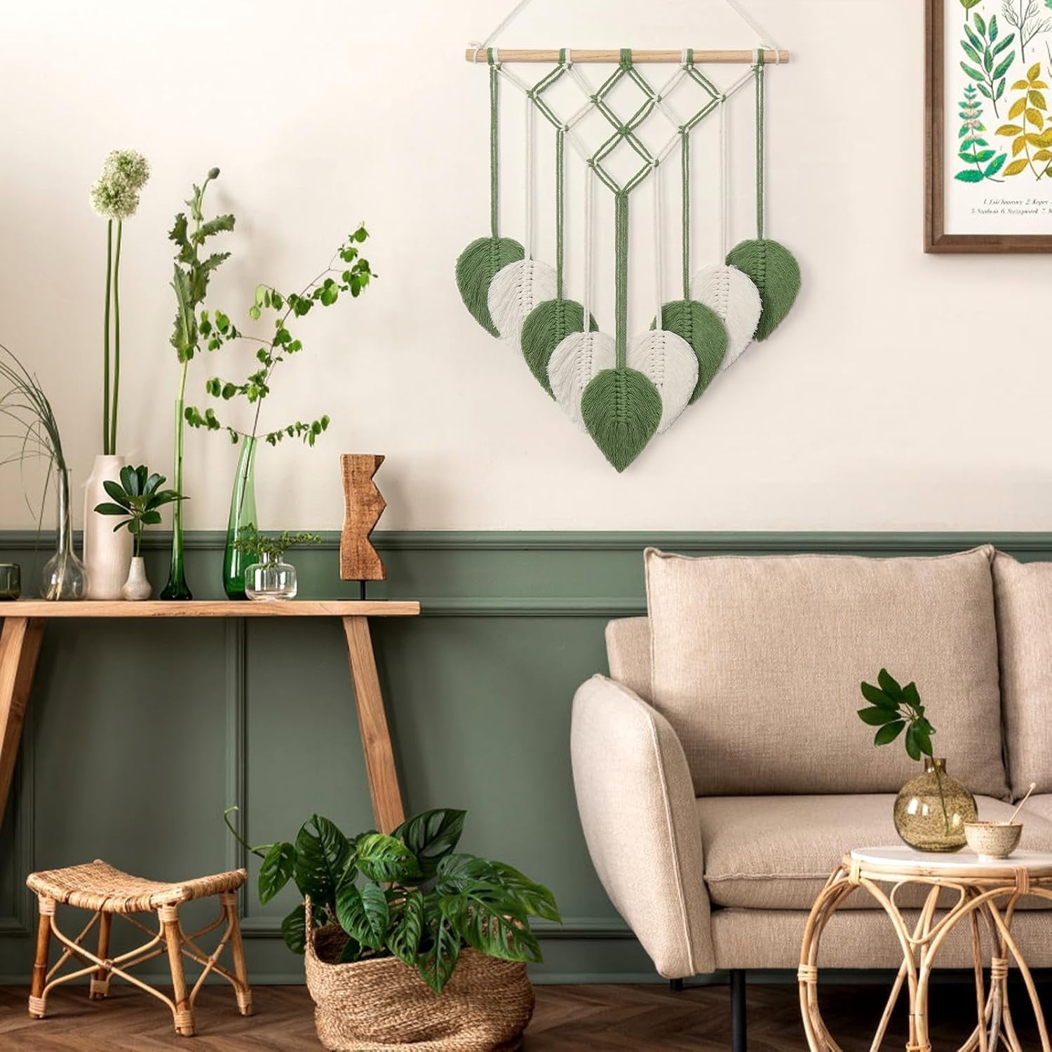 Green Boho Macrame Wall Hanging 20.8"x15.7" Tassel Tapestry