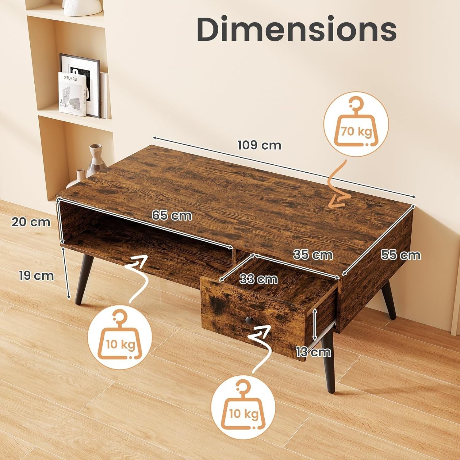 Rectangular Coffee Table with Drawer & Shelf, Rustic Brown 109x55x42cm