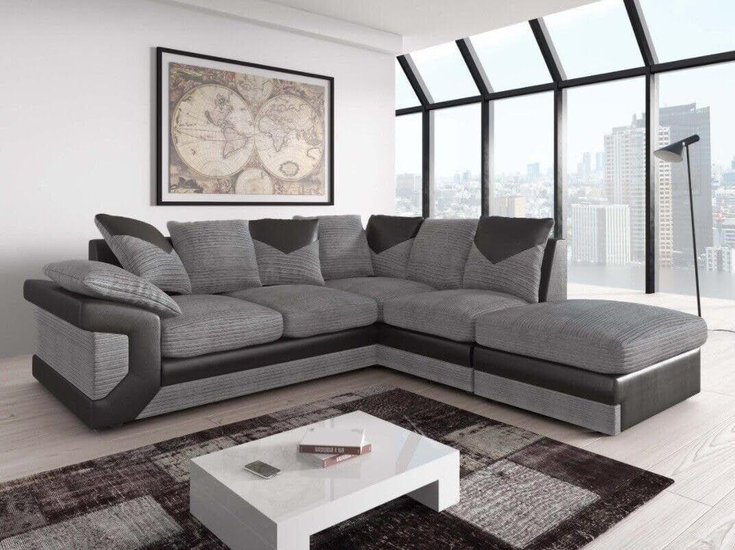 Right L Shaped Corner Sofa Grey Black – 5 Seater Jumbo Cord Scatter Back Couch