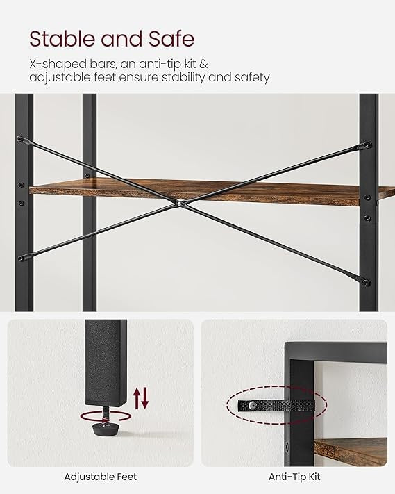5-Tier Industrial Bookshelf Rustic Brown Metal Wood Storage Shelving Unit