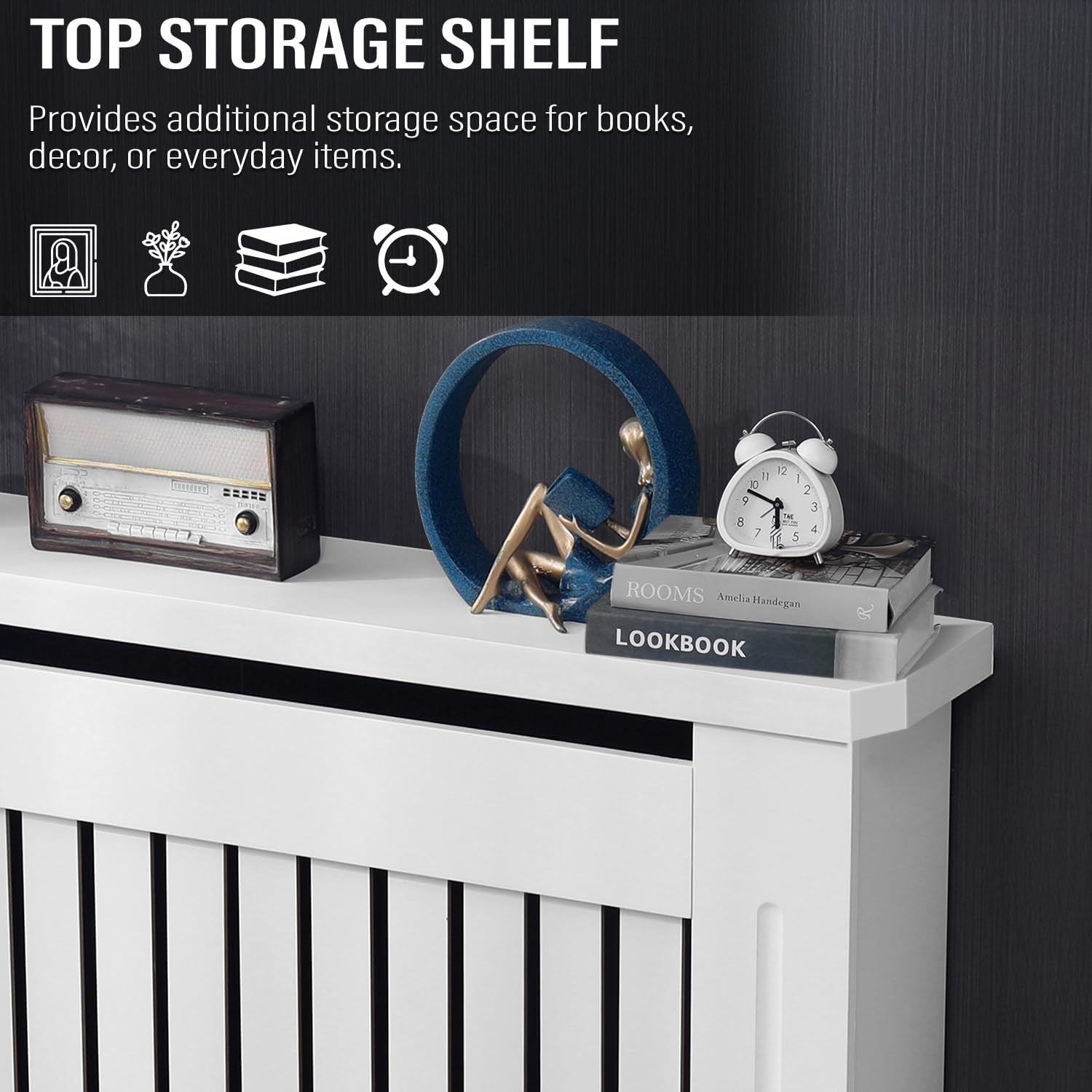 Extra Large White Radiator Cover | Modern MDF Slatted Heater Cabinet with Shelf