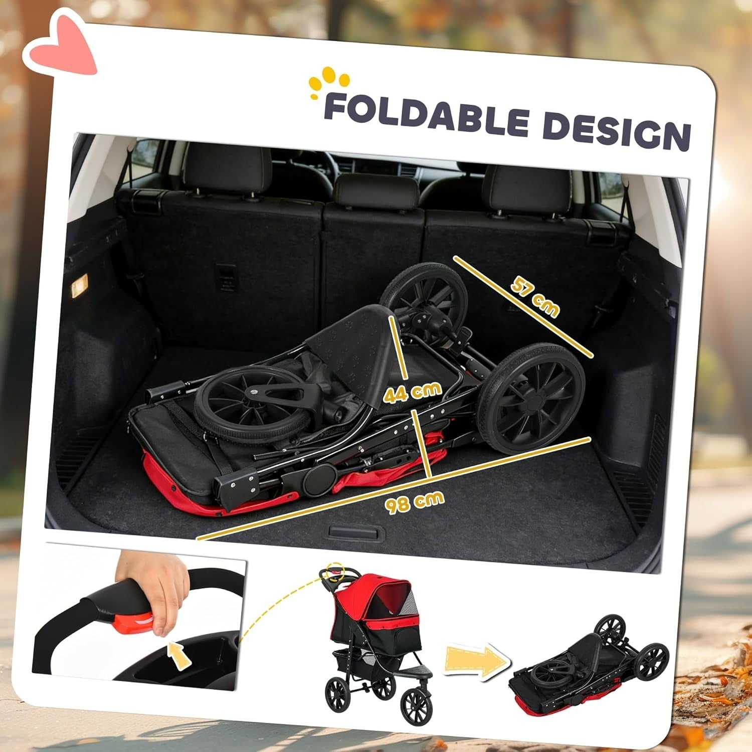 Foldable 3-Wheel Dog Stroller Red Pet Pram Small Dogs Cats Jogging Pushchair