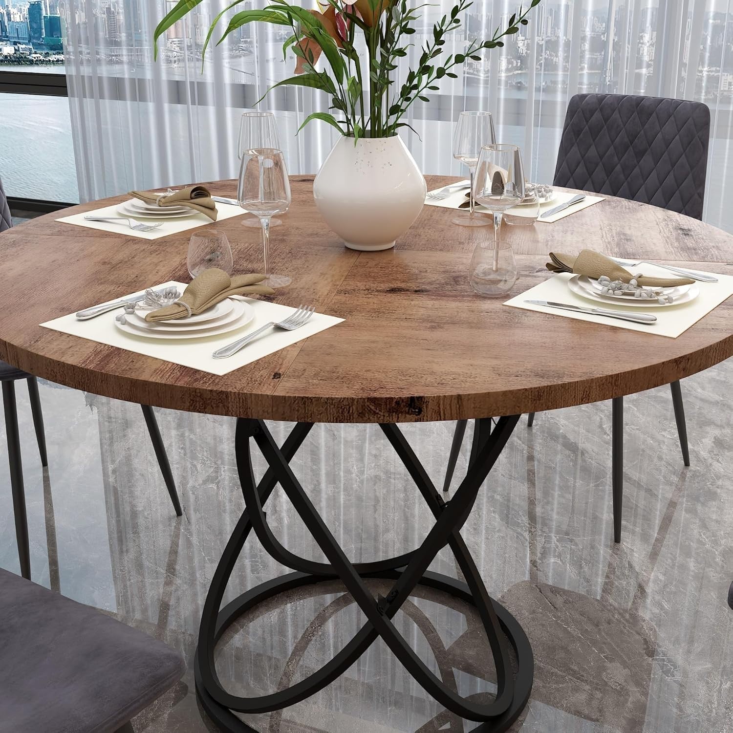 Round Rustic Dining Table 6-8 Seater Wood Metal Base Kitchen 120cm