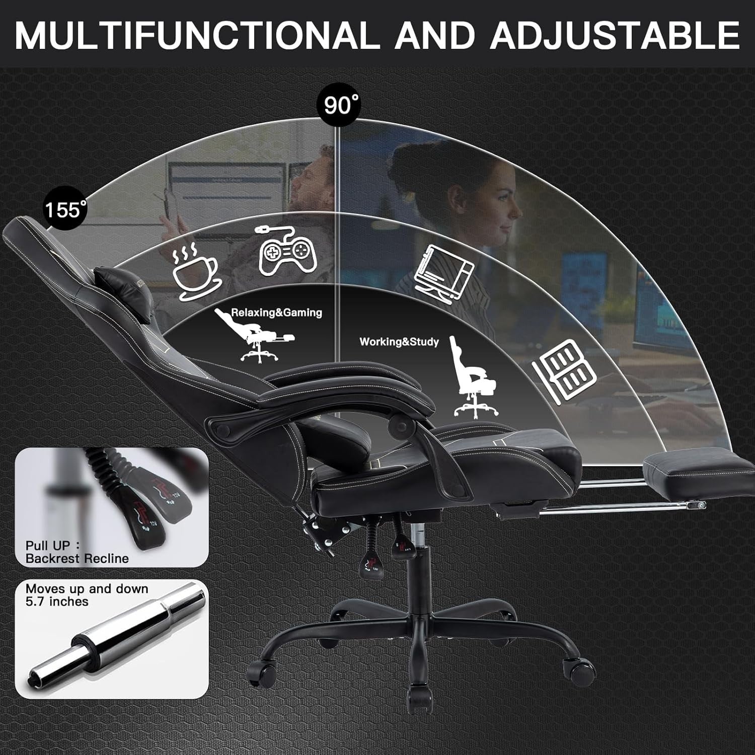 Black Ergonomic Gaming Chair Adjustable Recliner Headrest Footrest 330lbs Suppor