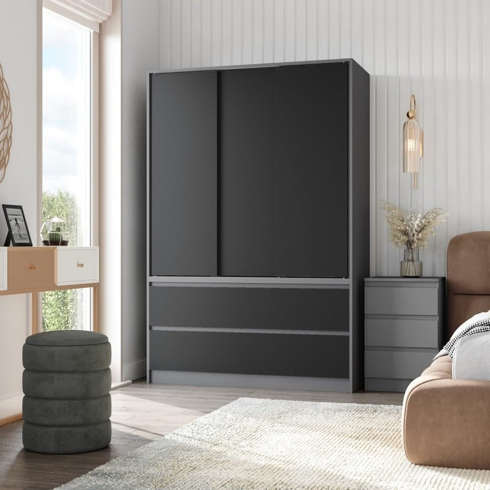 Black Sliding Door Wardrobe with 4 Drawers & Hanging Rail – Space Saver
