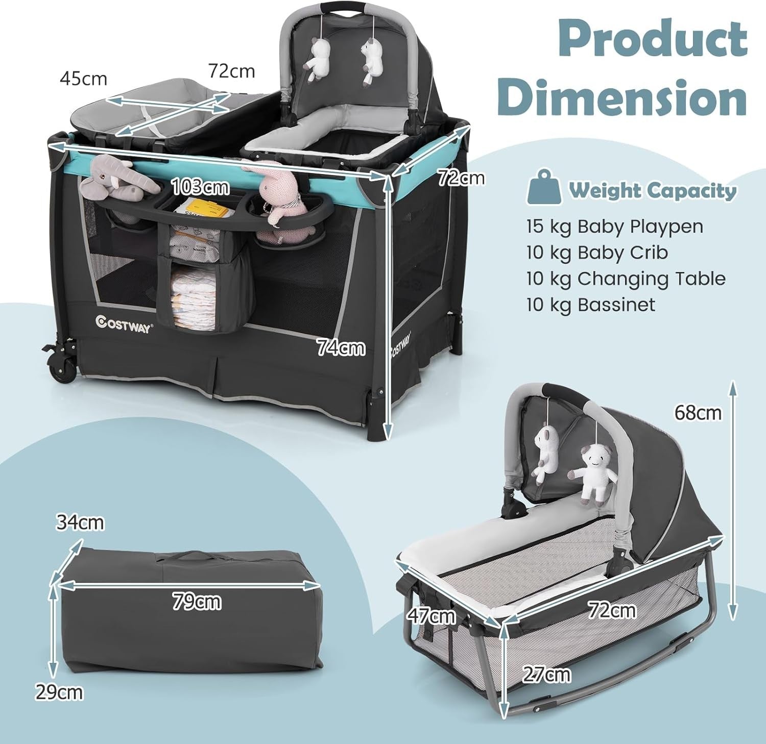 4in1 Travel Cot Baby Bedside Foldable Crib Bassinet Portable Playard Mint Green