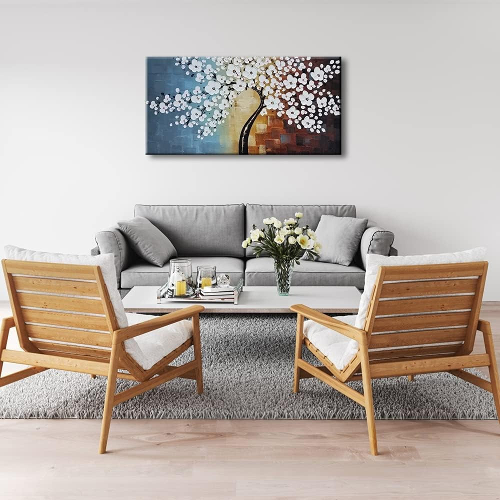 Large Hand Painted White Flowers Canvas Wall Art