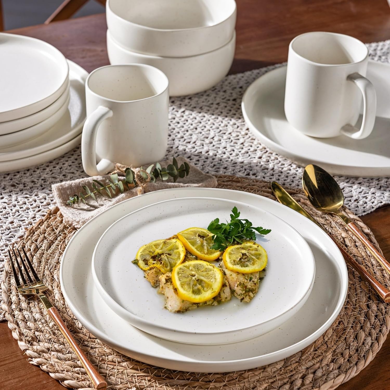 18pc Stoneware Dinner Set Wavy Rim Plates Bowls Matte Speckled White