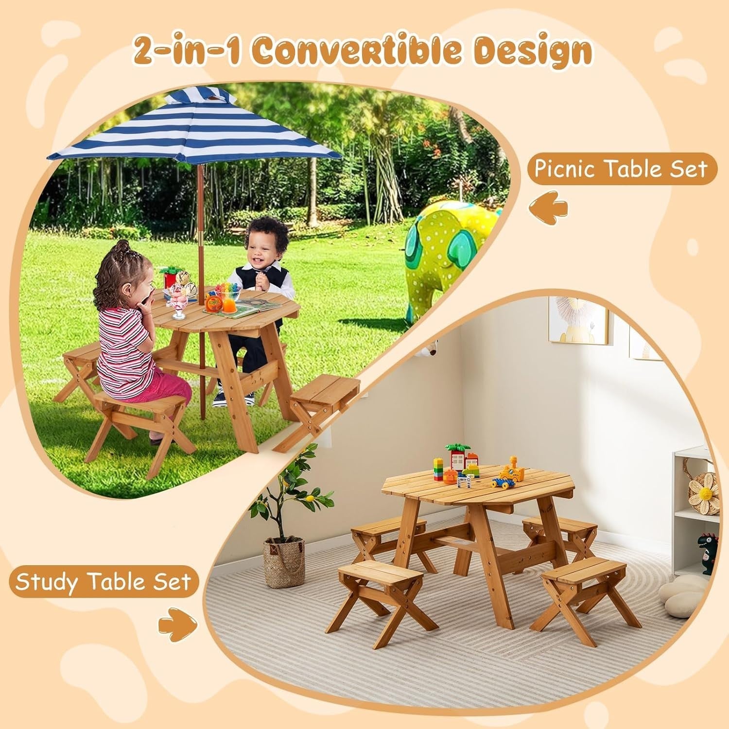 Wooden Kids Picnic Table Set with 4 Stools & Adjustable Umbrella Outdoor