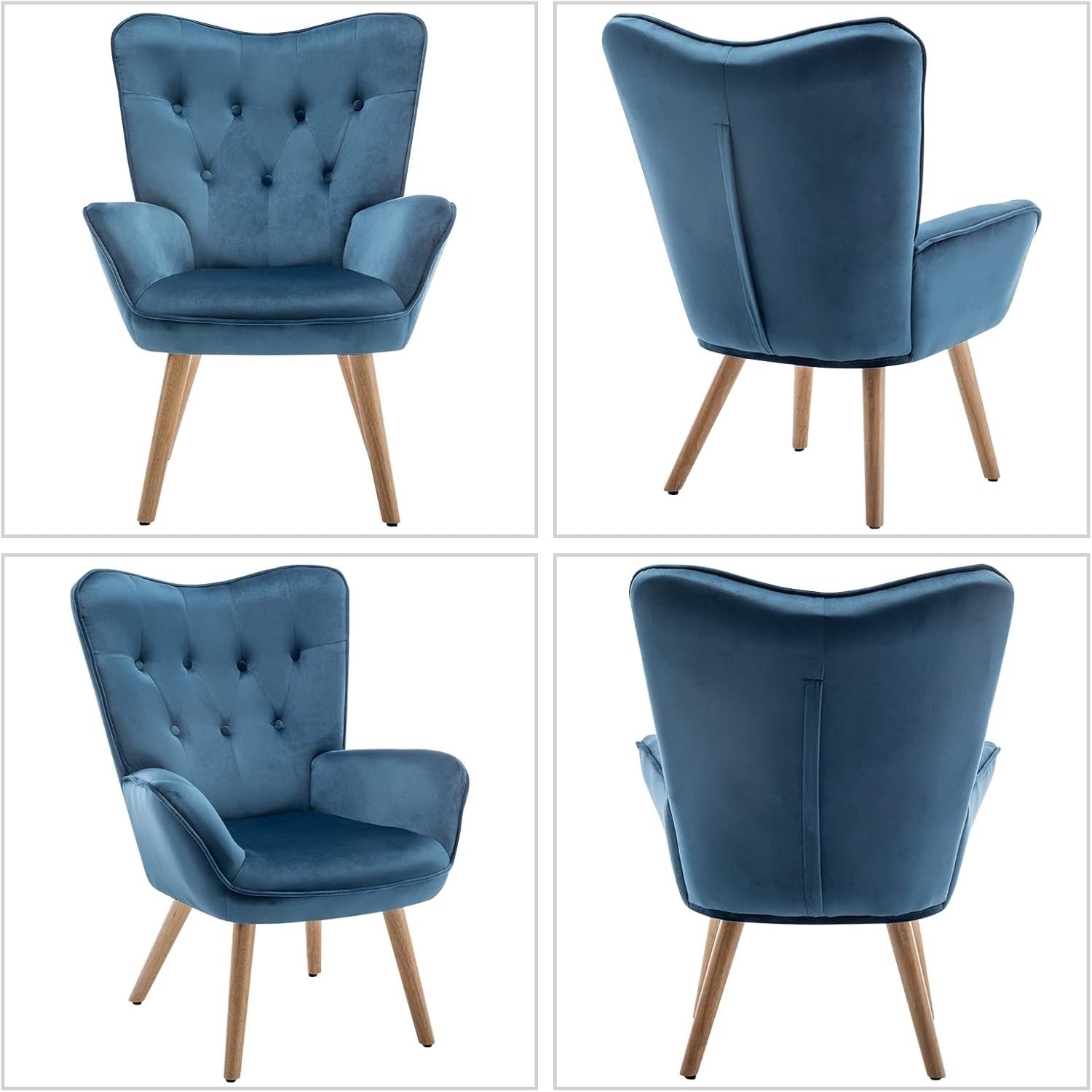 Blue Velvet Armchair with Footstool, Comfy Reading Lounge Chair Set