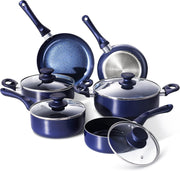 10Pcs Blue Ceramic Non Stick Cookware Set with Glass Lids, Induction Compatible