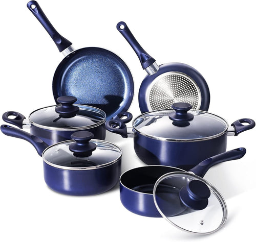 10Pcs Blue Ceramic Non Stick Cookware Set with Glass Lids, Induction Compatible
