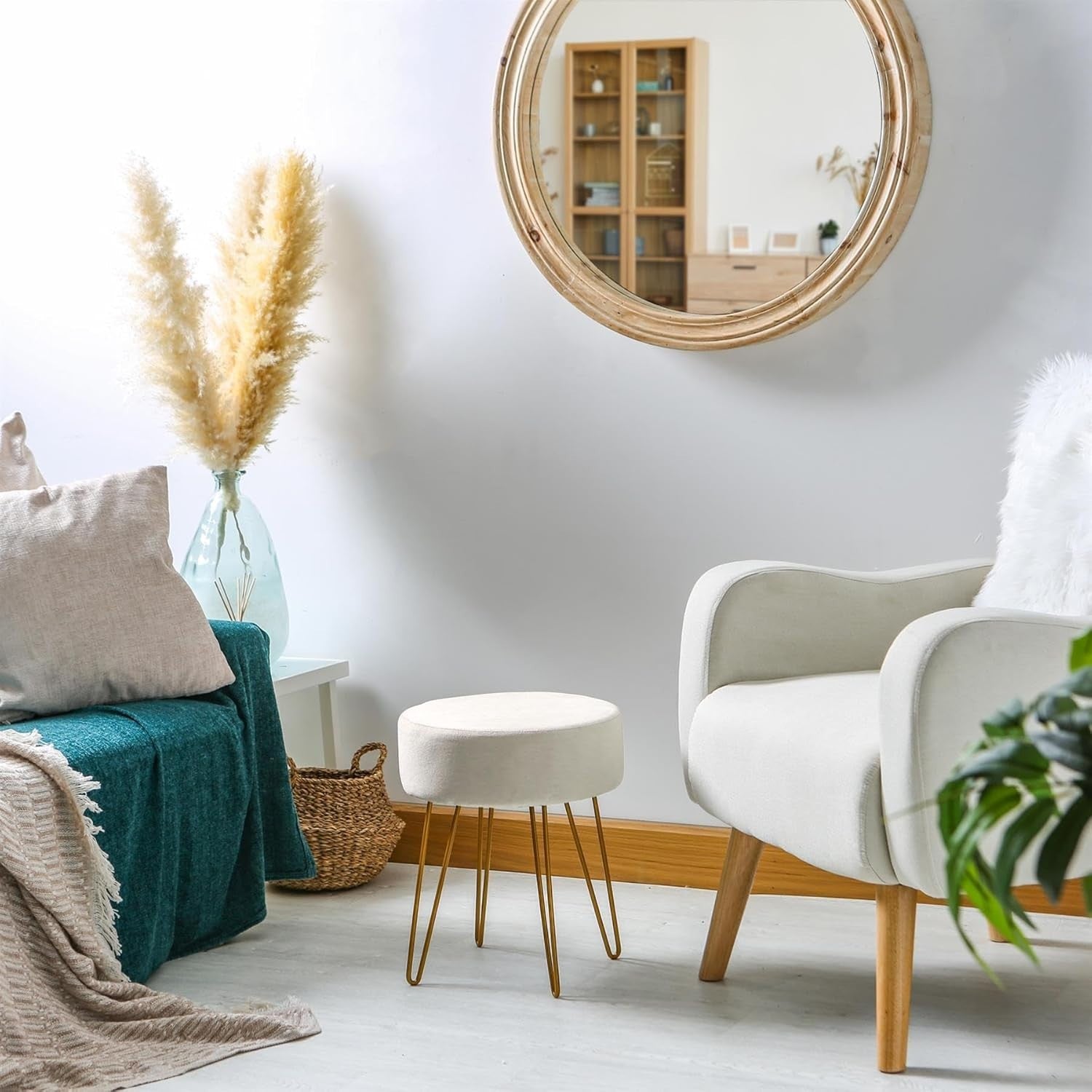 Set of 2 Cream Velvet Footstools Gold Legs Modern Round Pouffe Seats